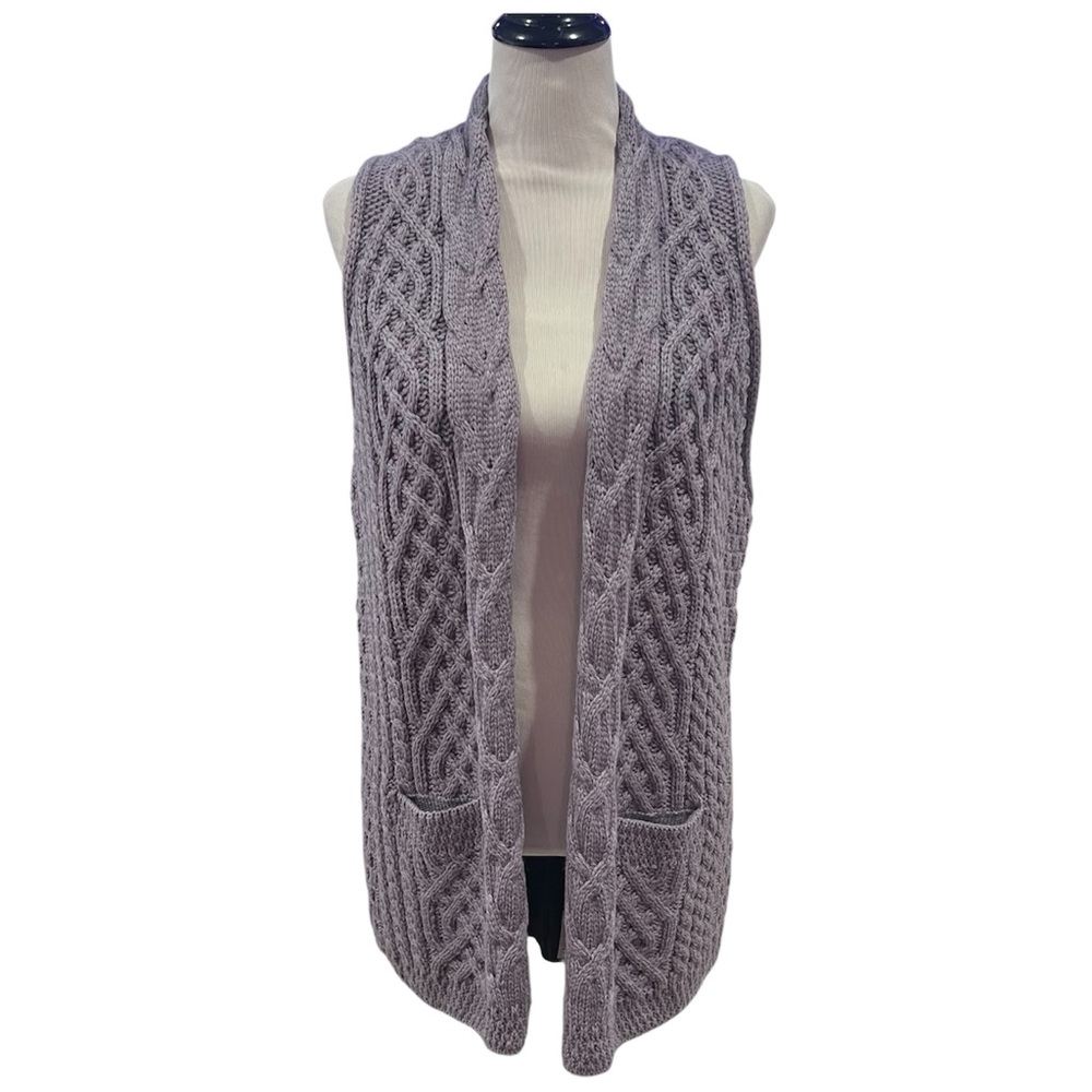 Carraig Donn Purple Aran Irish Merino Wool Knit Sweater Cardigan Vest Size Large